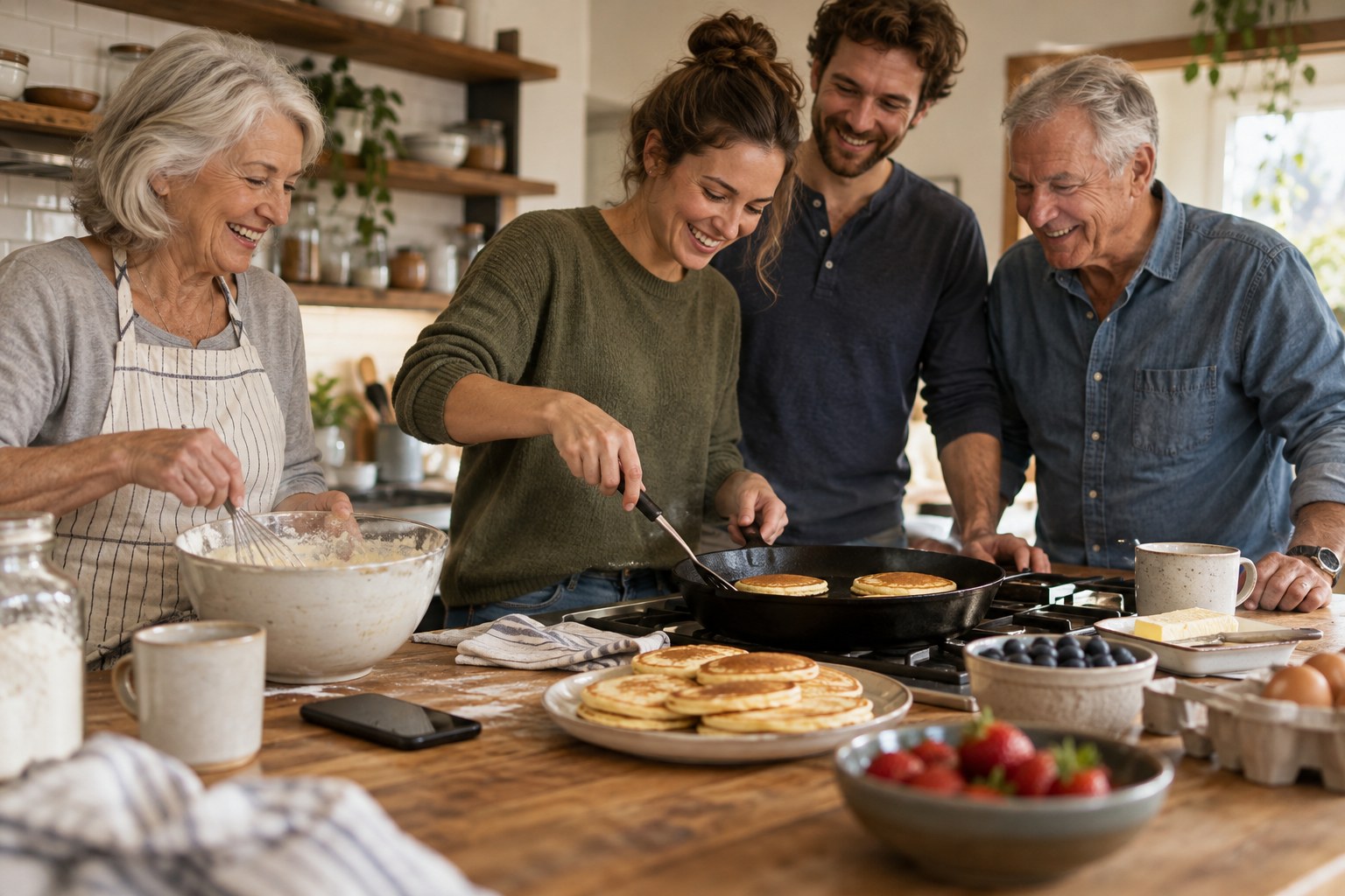 A multigenerational family makes pancakes together in a warm kitchen; AI-created editorial image.