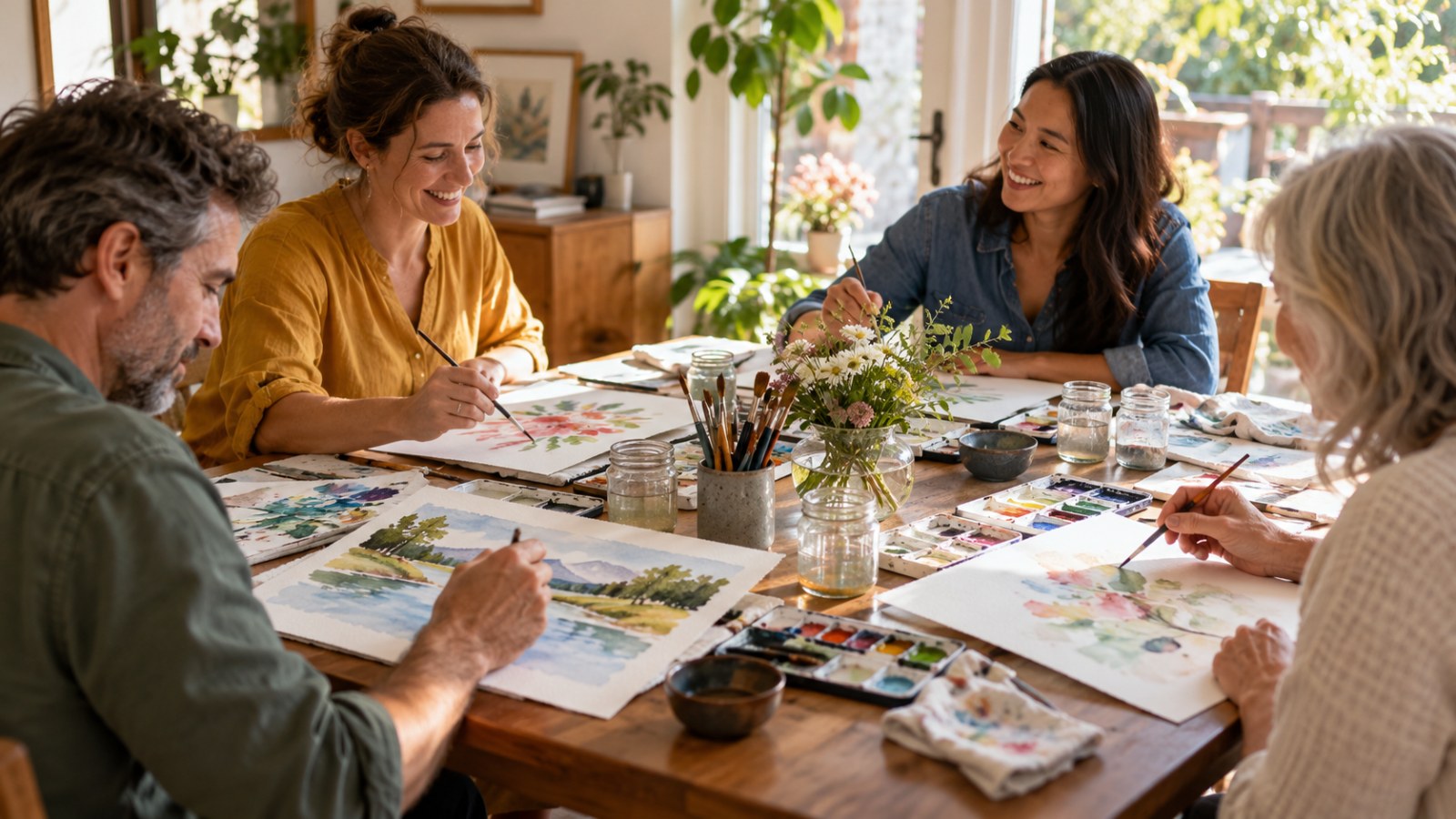 A small group of adult friends paints together around a sunlit dining table; AI-created editorial image.