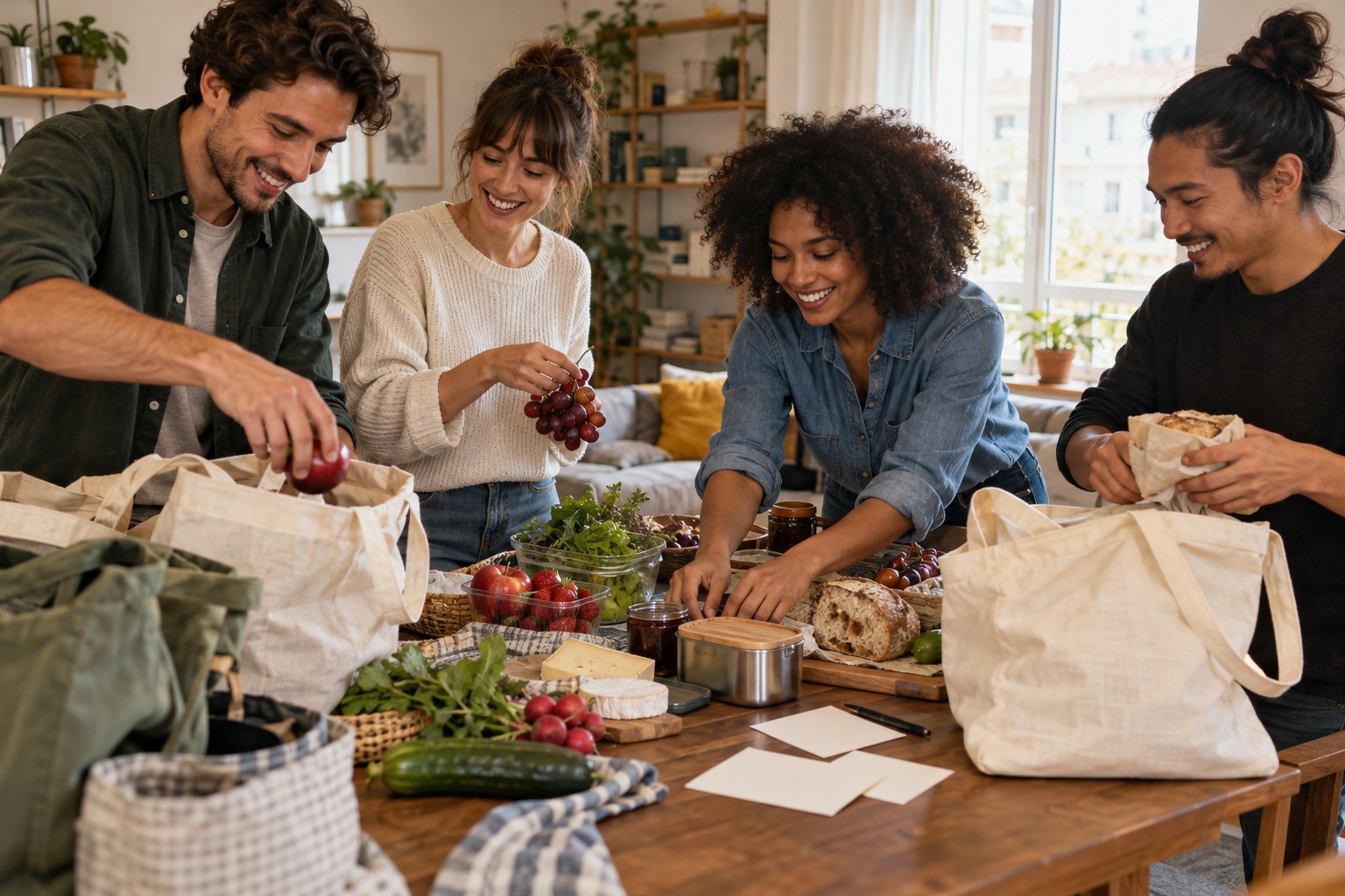Adult friends prepare bags and food for a shared picnic in an apartment; AI-created editorial image.