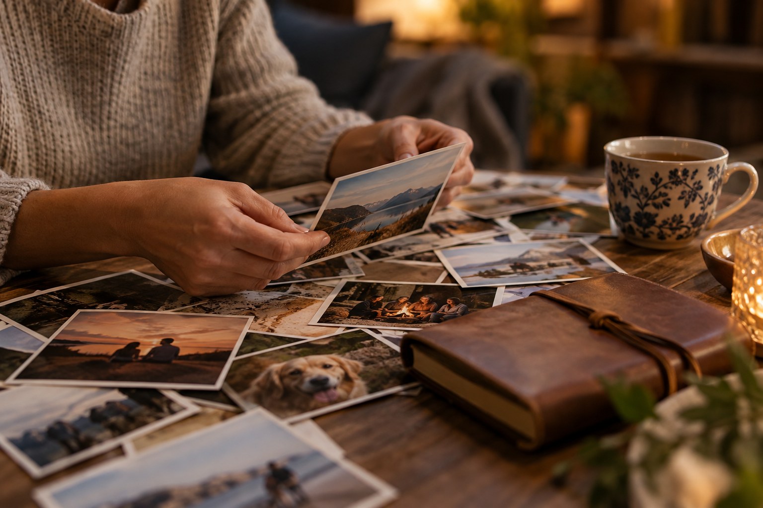 Hands arrange printed everyday photographs beside a journal and a cup of tea; AI-created editorial image.