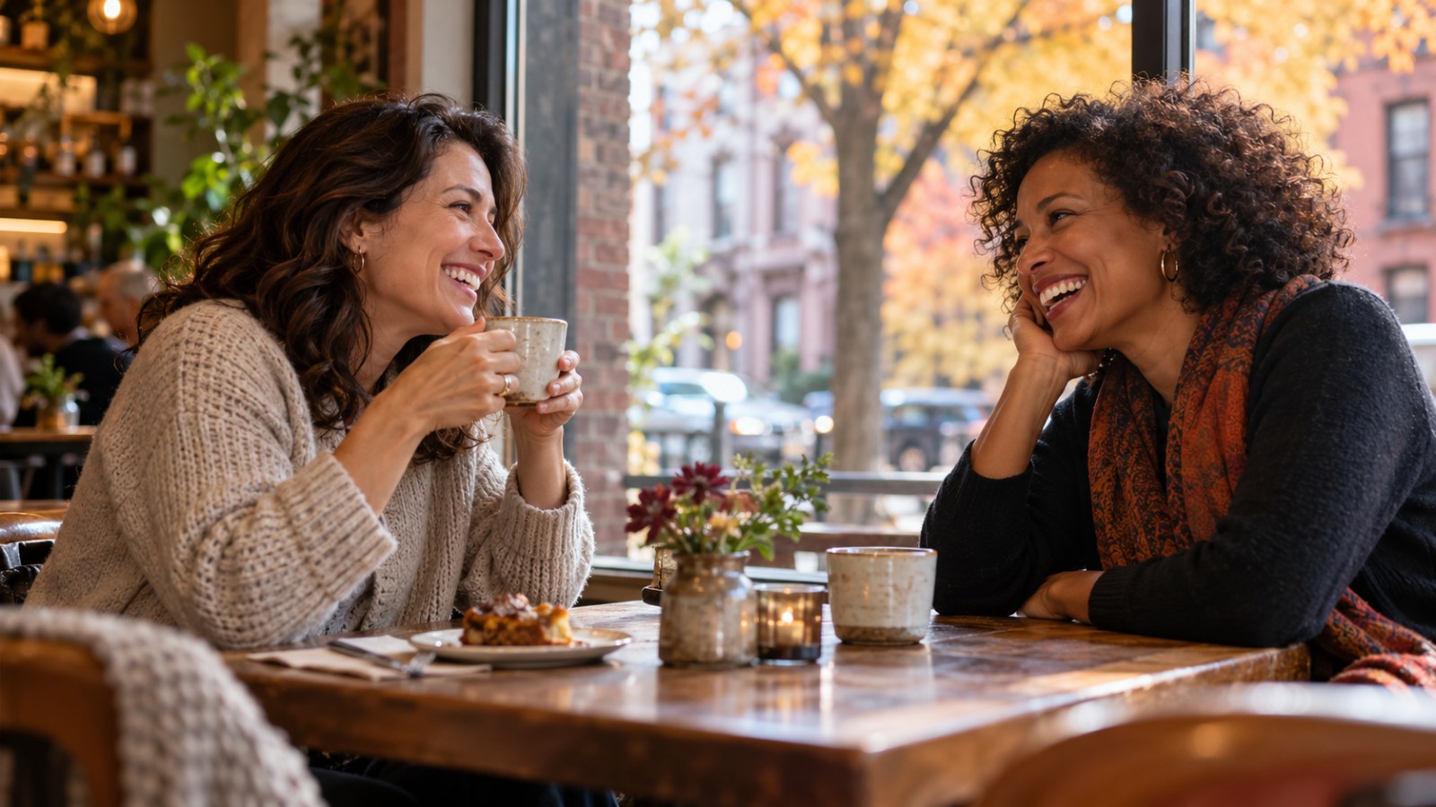 Two adult friends reconnect across a table in a warm neighborhood cafe; AI-created editorial image.