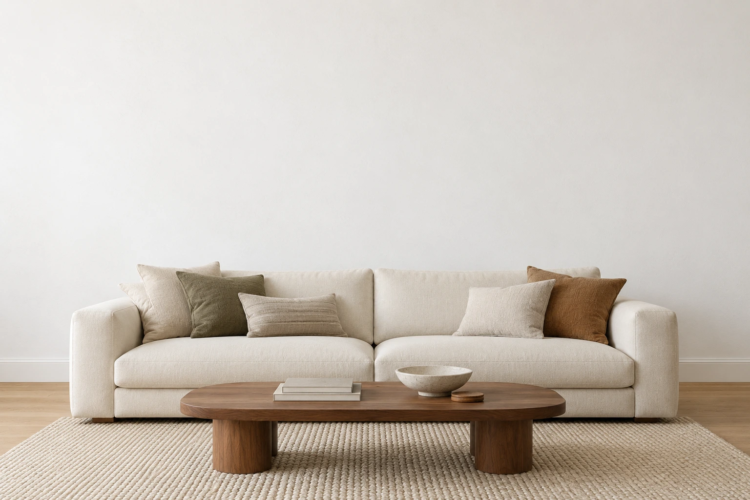 Living con sofá claro y mesa de madera; el tono elegido se aplica únicamente a la pared.
